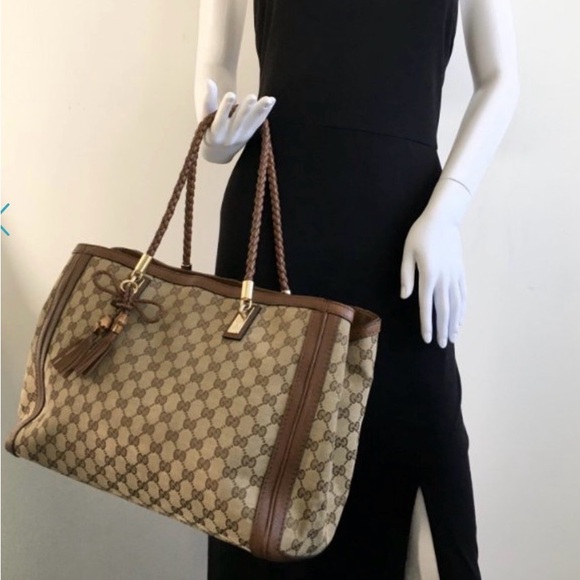Gucci Medium Bella Tote W Brown & Tan GG Logo Canvas And Braided Leather Trim - Picture 2 of 16